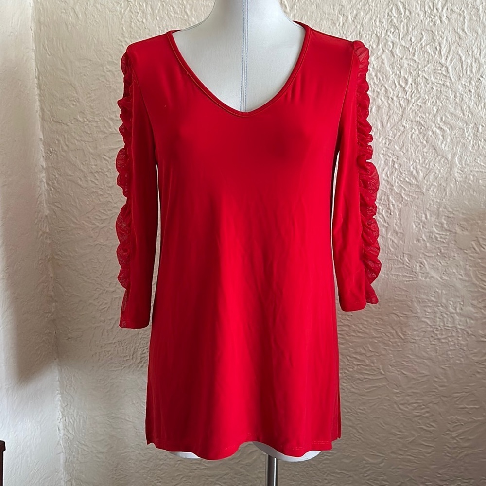 Joseph Ribkoff Red Knit Sheer Mesh Ruched Sleeve V-Neck Blouse Top 6